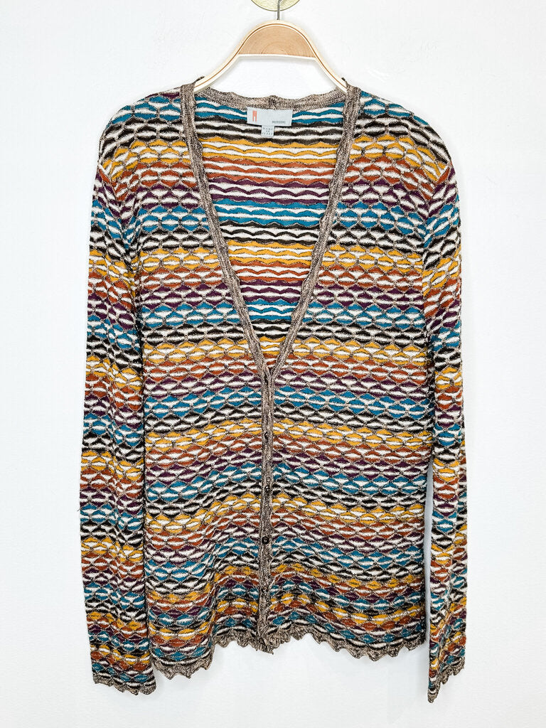 Geometric-Patterned Cardigan with Metallic Threads