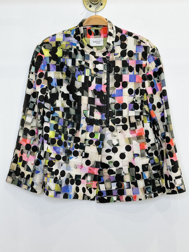 Abstract Dot Print Jacket with Short Off-Center Zip