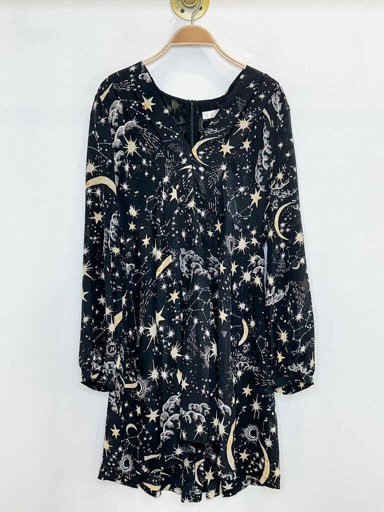 Night Sky Print Long Sleeve Dress with Box Pleat Skirt