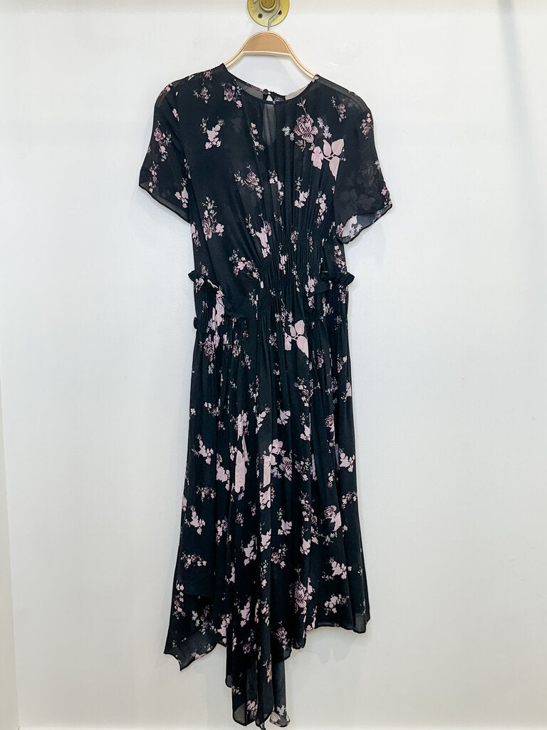 Floral Short Sleeve Midi Dress with Asymmetrical Waist Band