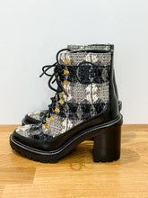 Load image into Gallery viewer, Miller Metallic Tweed Lace Up Stacked Heel Ankle Boots
