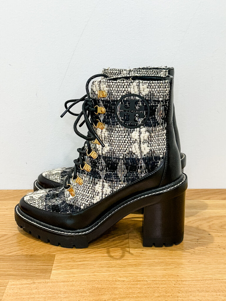 Miller Metallic Tweed Lace Up Stacked Heel Ankle Boots