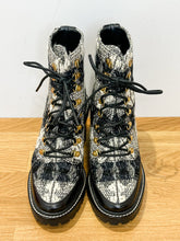 Load image into Gallery viewer, Miller Metallic Tweed Lace Up Stacked Heel Ankle Boots

