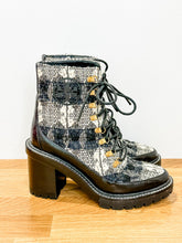 Load image into Gallery viewer, Miller Metallic Tweed Lace Up Stacked Heel Ankle Boots
