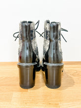 Load image into Gallery viewer, Miller Metallic Tweed Lace Up Stacked Heel Ankle Boots
