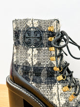 Load image into Gallery viewer, Miller Metallic Tweed Lace Up Stacked Heel Ankle Boots
