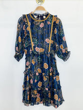 Load image into Gallery viewer, Metallic Striped + Floral Half Sleeve Dress with Velvet Ribbon
