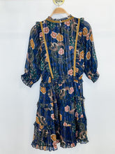 Load image into Gallery viewer, Metallic Striped + Floral Half Sleeve Dress with Velvet Ribbon
