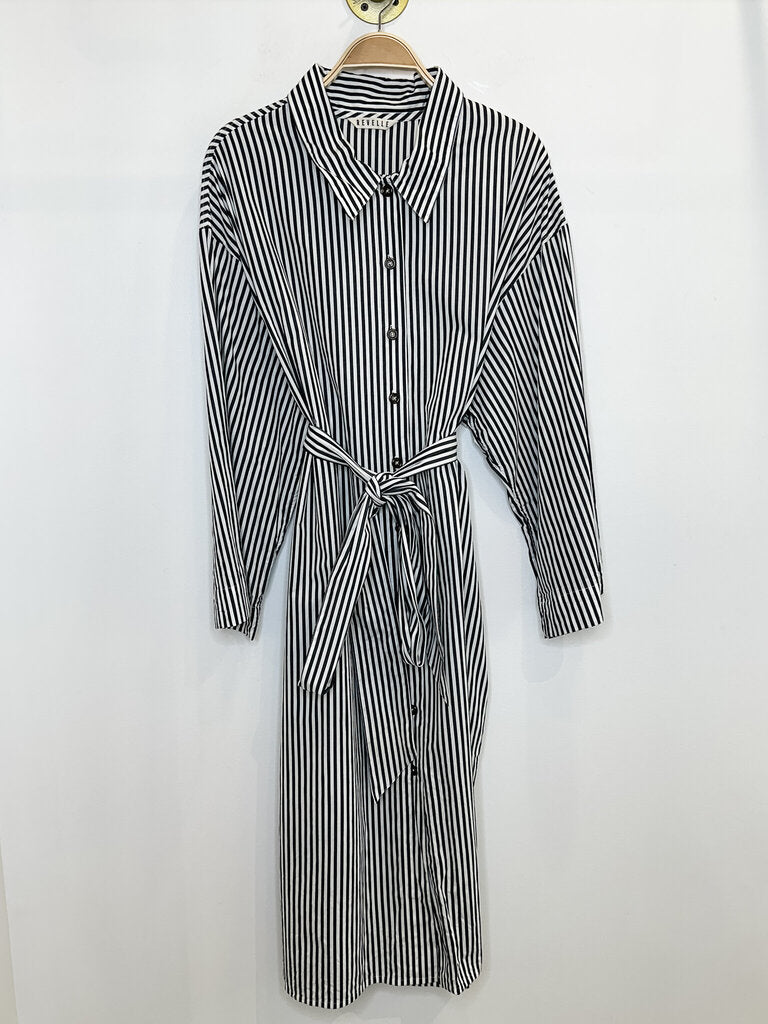 Striped Long Sleeve Button Up Shirt Dress with Tie Belt (orig. ~$345)