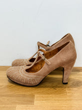 Load image into Gallery viewer, Suede + Rhinestone T-Strap Pumps
