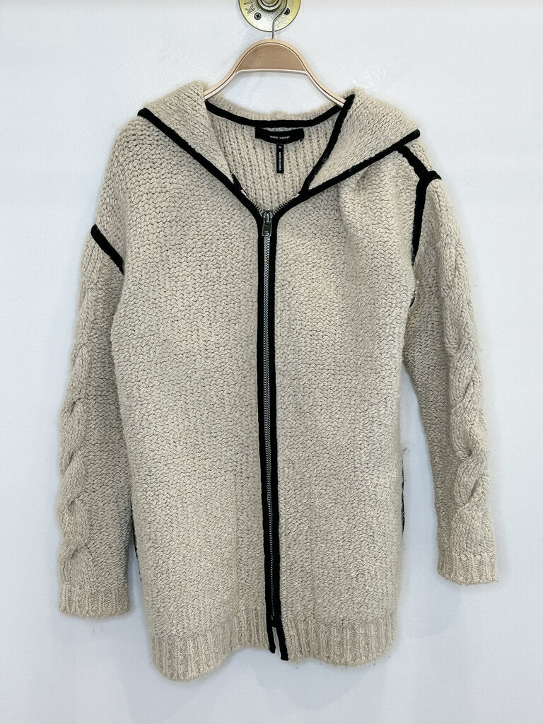 Cable Knit Wool-Alpaca Zip Front Hooded Sweater with Leather Trim