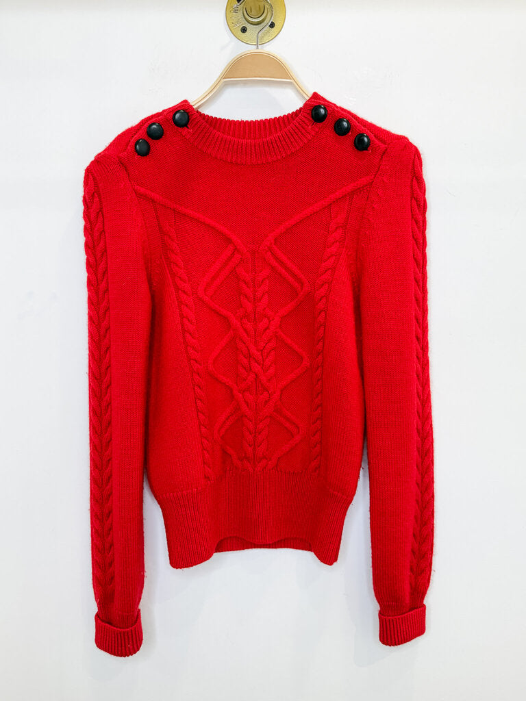 Wool Cable Knit Sweater with Puff Sleeves + Shoulder Buttons