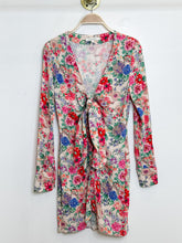 Load image into Gallery viewer, Floral Long Sleeve Button Up Mini Dress with Tie Neckline

