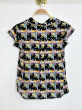 Load image into Gallery viewer, Diva Print Silk Short Ruffle Sleeve Button Up Blouse
