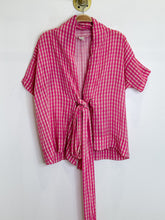 Load image into Gallery viewer, Gingham Draped Neck Short Sleeve Top with Large Bow Tie Front
