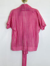 Load image into Gallery viewer, Gingham Draped Neck Short Sleeve Top with Large Bow Tie Front
