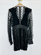 Load image into Gallery viewer, Sequin + Polka Dot Mesh Long Sleeve Mini Dress with Shoulder Pads
