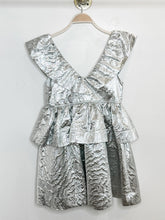 Load image into Gallery viewer, Metallic Jacquard Tiered Sleeveless Mini Dress with Ruffled Trim
