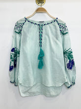 Load image into Gallery viewer, Embroidered Linen Balloon Sleeve Peasant Shirt with Tassel Ties (orig. $279)
