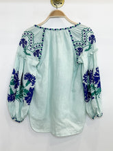 Load image into Gallery viewer, Embroidered Linen Balloon Sleeve Peasant Shirt with Tassel Ties (orig. $279)
