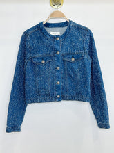 Load image into Gallery viewer, Cora Distressed Collarless Denim Jacket (orig. $398)
