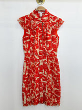 Load image into Gallery viewer, Silk Abstract Print Cap Sleeve Midi Shirt Dress with Raw-Edge Ruffles
