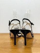 Load image into Gallery viewer, Strappy Black Satin Stiletto Sandals
