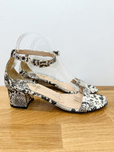 Load image into Gallery viewer, Snake Print Low Block Heel Ankle Strap Sandals
