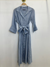 Load image into Gallery viewer, Tonal Striped 3/4 Sleeve Button Front Pleated Midi Dress with Tie Belt
