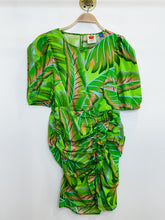 Load image into Gallery viewer, Puff Sleeve Leaf Print Ruched Skirt Knee Length Dress (NWT, orig. $190)

