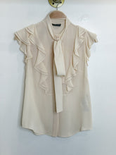 Load image into Gallery viewer, Silk Flutter Sleeve Button Up Blouse with Neck Tie
