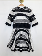 Load image into Gallery viewer, Moonlight Multi-Textured Lace Striped Mini Dress with Short Sleeve Capelet + Asymmetric Peplum (orig. $549)
