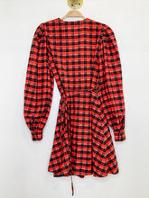 Load image into Gallery viewer, Shimmery Plaid Balloon Sleeve Wrap Dress
