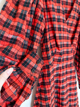 Load image into Gallery viewer, Shimmery Plaid Balloon Sleeve Wrap Dress
