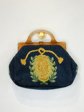 Load image into Gallery viewer, Vintage Needlepoint Handbag with Lucite Handle + Trojan Motif
