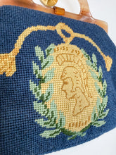 Load image into Gallery viewer, Vintage Needlepoint Handbag with Lucite Handle + Trojan Motif
