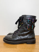 Load image into Gallery viewer, Stoop Rainbow Crystal Croc Embossed Leather Combat Boots (NEW, orig. $300)
