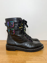 Load image into Gallery viewer, Stoop Rainbow Crystal Croc Embossed Leather Combat Boots (NEW, orig. $300)
