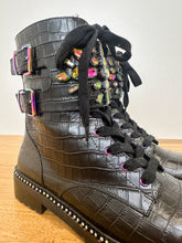 Load image into Gallery viewer, Stoop Rainbow Crystal Croc Embossed Leather Combat Boots (NEW, orig. $300)

