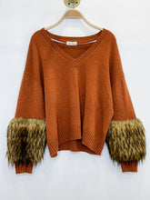 Load image into Gallery viewer, Wool-Cashmere V-Neck Sweater with Faux Fur Cuffs (orig. $525)
