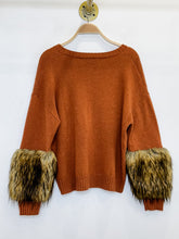 Load image into Gallery viewer, Wool-Cashmere V-Neck Sweater with Faux Fur Cuffs (orig. $525)
