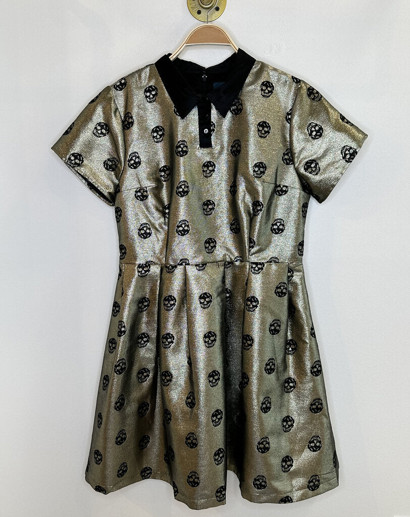 Metallic Short Sleeve Collared Dress with Skull Print